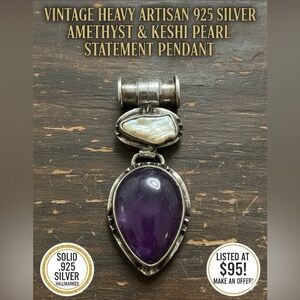 Heavy Vintage Artisan 925 Silver Amethyst & Keshi Pearl Statement Pendant